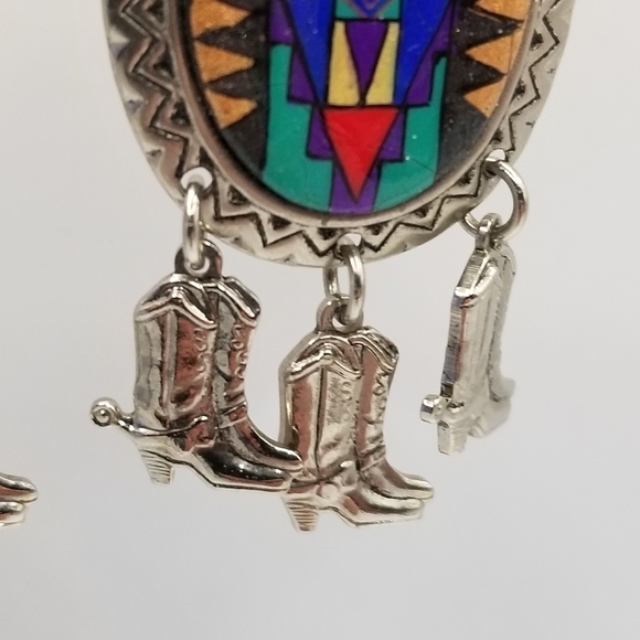 Silvertone Aztec Western Colorful Mosaic Dangle Earrings Cowboy Boots Large - Picture 4 of 9